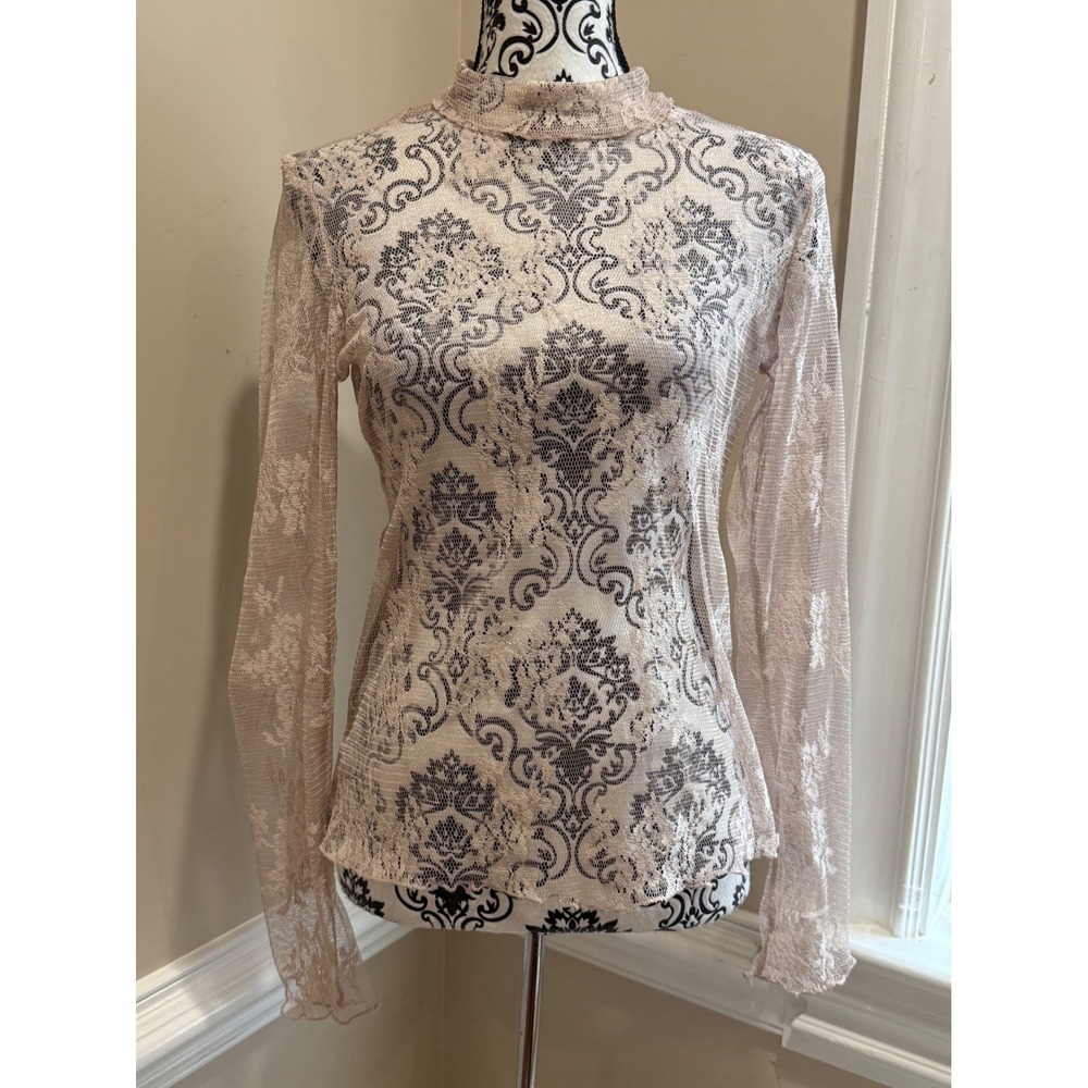 Womens Beige Lace Damask Mock Neck Sheer Long Sleeve Top Size S Whimsygoth - Picture 1 of 9